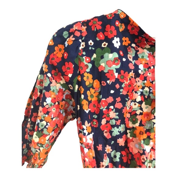 Red orange floral multi midriff cut out cotton v-neck midi dress size medium new - Picture 6 of 16